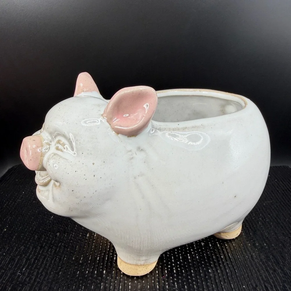 Smiling Ceramic Pig Planter White Pink Indoor Succulent Pot‎ Drainage Hole 6x4